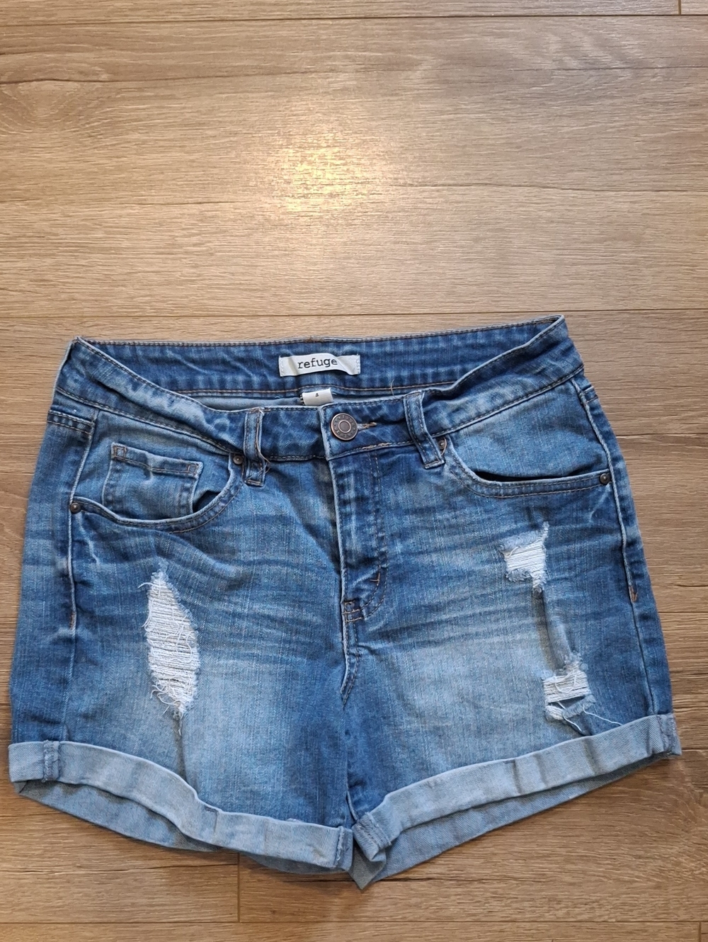 refuge Light Blue Distressed Roll-Hem Jean Shorts